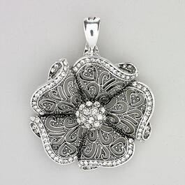 Wearable Art Silver-Tone Filigree Crystal Flower Pendant