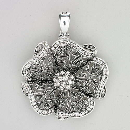 Wearable Art Silver-Tone Filigree Crystal Flower Pendant - image 