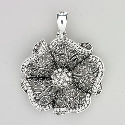 Wearable Art Silver-Tone Filigree Crystal Flower Pendant - image 