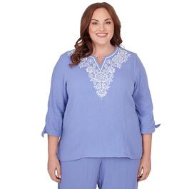 Plus Size Alfred Dunner Summer Breeze Embroidered Yoke Gauze Top