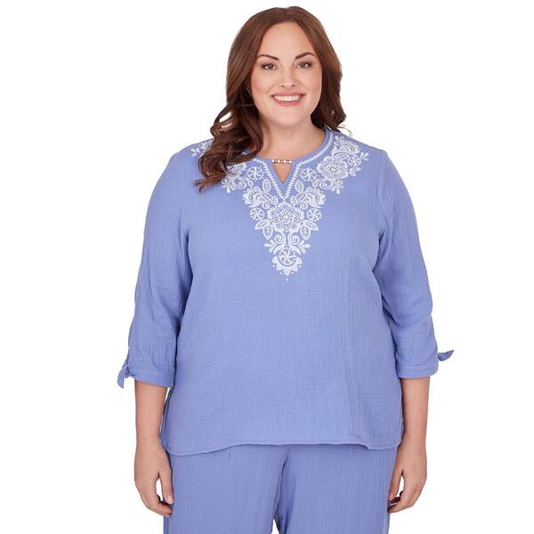 Plus Size Alfred Dunner Summer Breeze Embroidered Yoke Gauze Top - image 