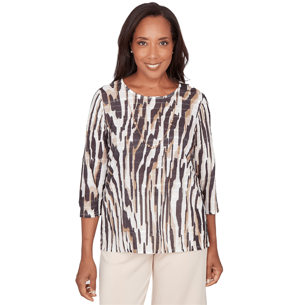 Petites Alfred Dunner Seville Animal Print Pleated Top With Neck