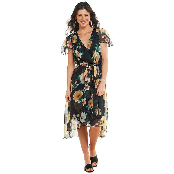 Womens Ellen Weaver Chiffon Floral High Low Hem Dress- Poppy - image 