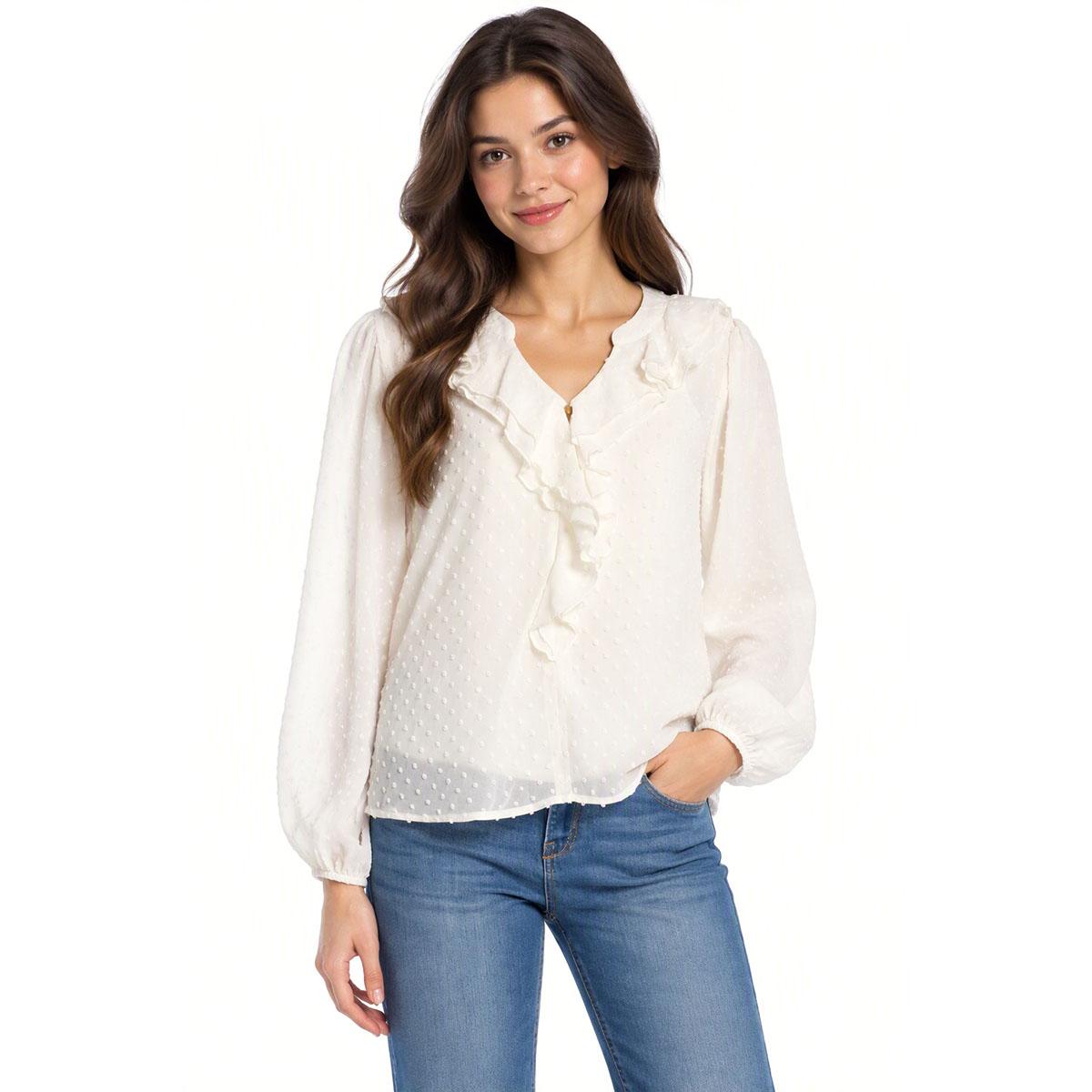 Juniors A. Byer Long Sleeve Clip Dot Ruffle Front Blouse