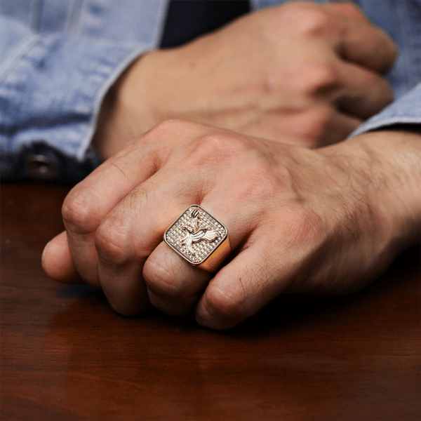 Mens Lynx Gold-Tone Ion Plated Cubic Zirconia Eagle Ring
