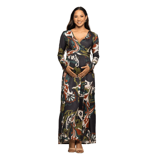 Plus Size 24/7 Comfort Apparel Paisley Wrap Maternity Maxi Dress