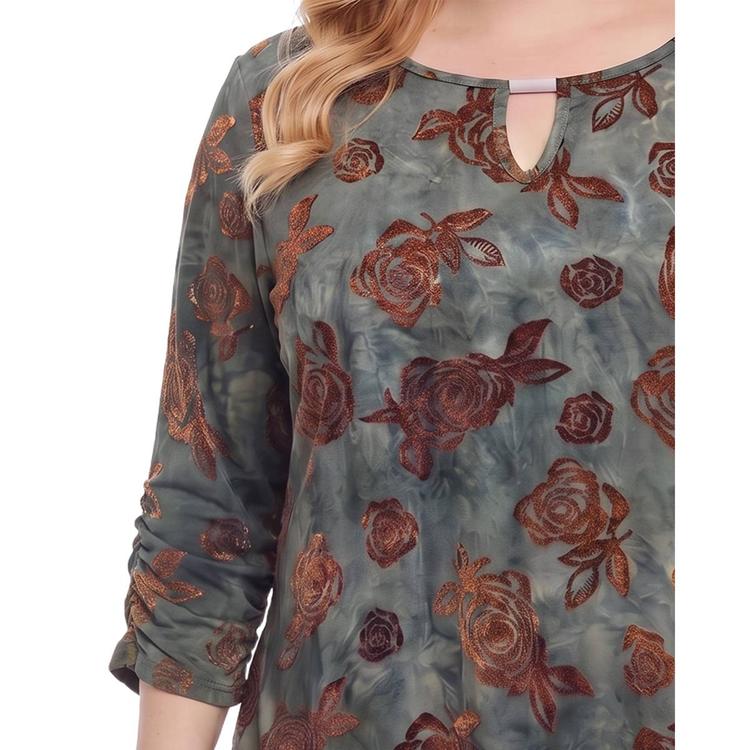 Plus Size NY Collection 3/4 Ruch Sleeve Brown Floral Blouse