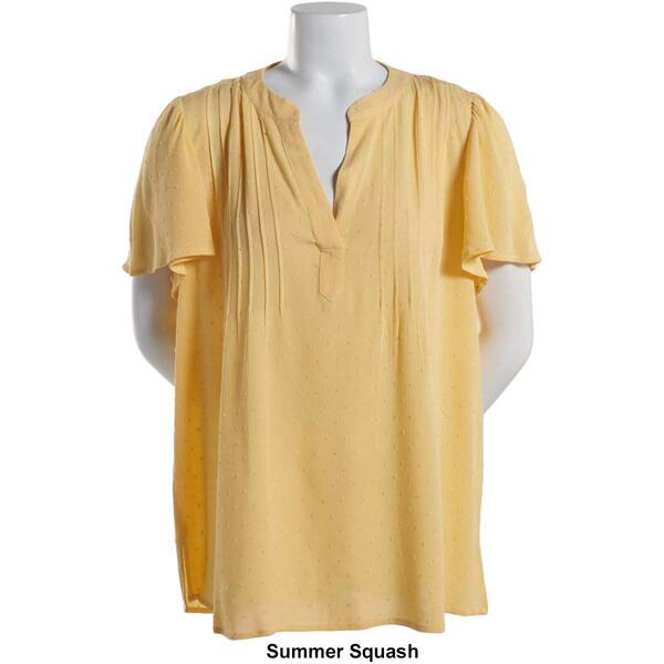 Plus Size Napa Valley Flutter Sleeve Pleated Henley Blouse