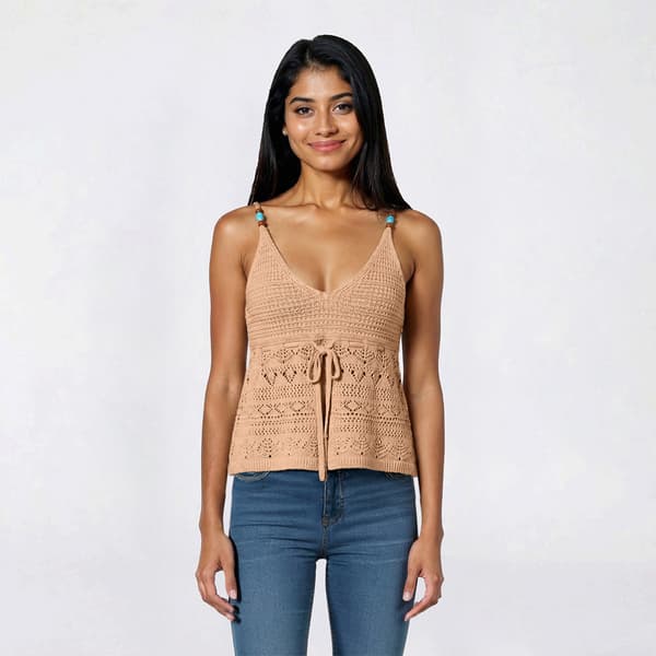 Juniors Pink Rose V Neck Pointelle Lacing Cami With Beads - image 