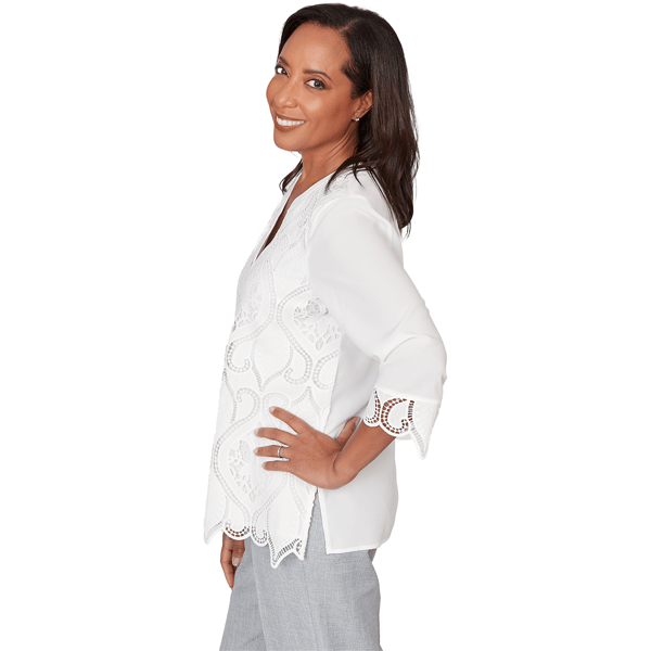 Womens Alfred Dunner Al Fresco 3/4 Sleeve Lace Cut Out Blouse