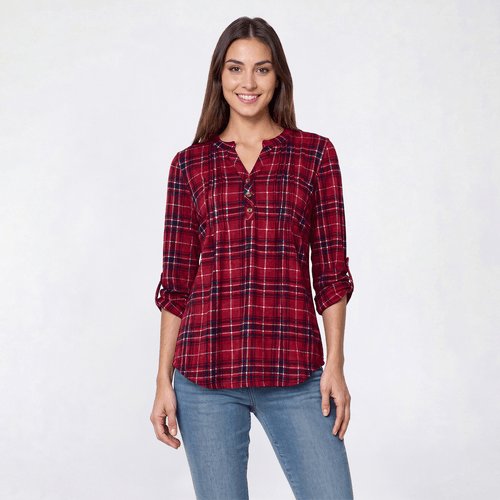 Womens Notations 3/4 Sleeve Plaid Hacci Pleat Henley Blouse
