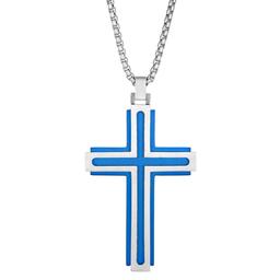 Mens Lynx Stainless Steel with Blue Ion Plating Cross Pendant