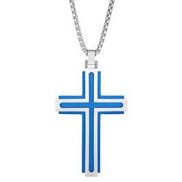 Mens Lynx Stainless Steel with Blue Ion Plating Cross Pendant