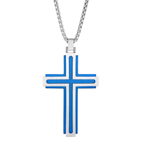 Mens Lynx Stainless Steel with Blue Ion Plating Cross Pendant
