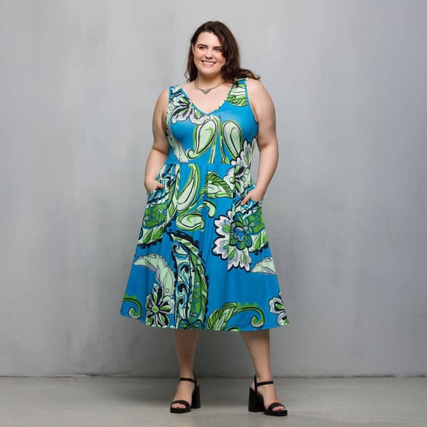 Plus Size 24/7 Comfort Apparel Teal Paisley Pleated Pocket Dress