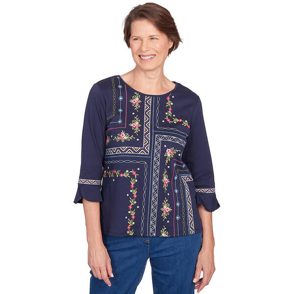 Womens Alfred Dunner In Full Bloom Flower Embroidery Quad Top - image 