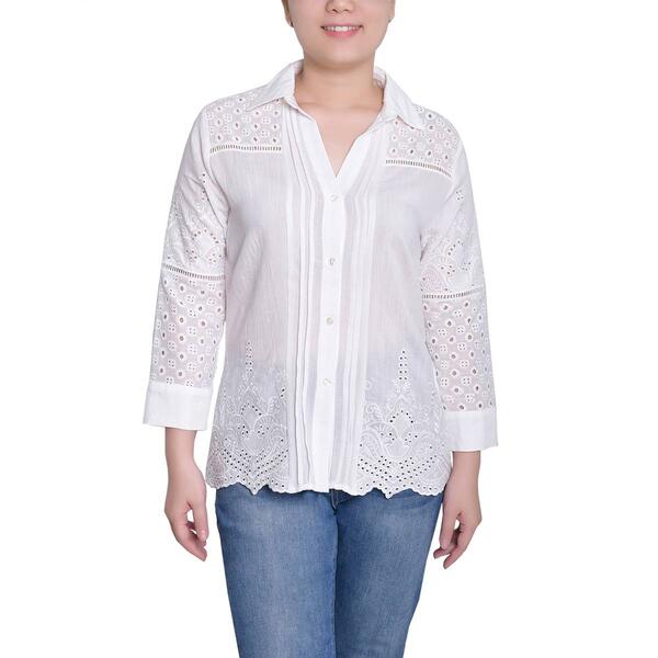 Petite NY Collection 3/4 Sleeve Eyelet Button Front Tuwa Top - image 