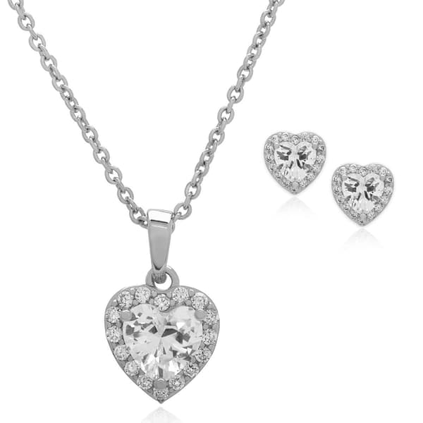 2pc. Silver Plated & CZ Heart Halo Earrings & Pendant Set - image 
