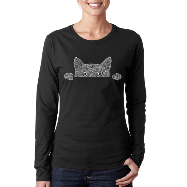 Womens LA Pop Art Peeking Cat Word Art Long Sleeve Tee