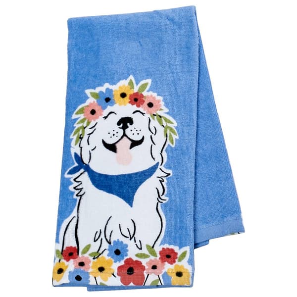 Floral Crown Dog Blue Kitchen Towel - image 