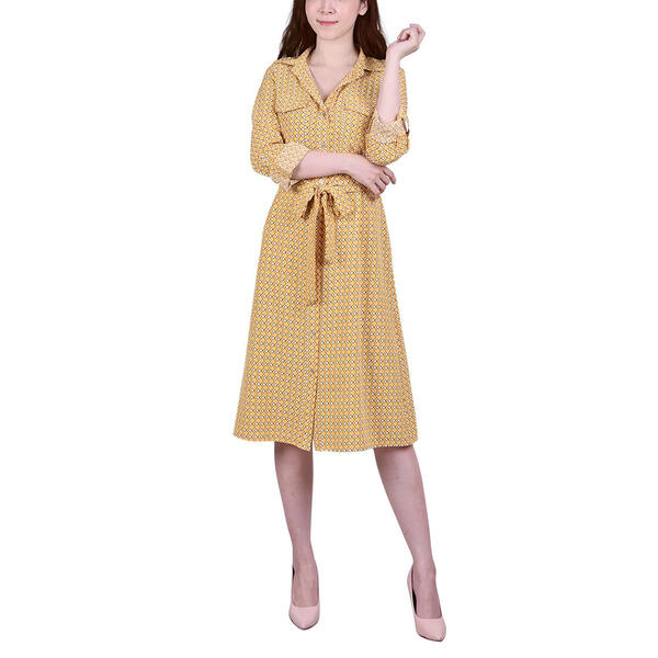 Womens NY Collection 3/4 Roll Tab Sleeve Yellow Shirtdress - image 