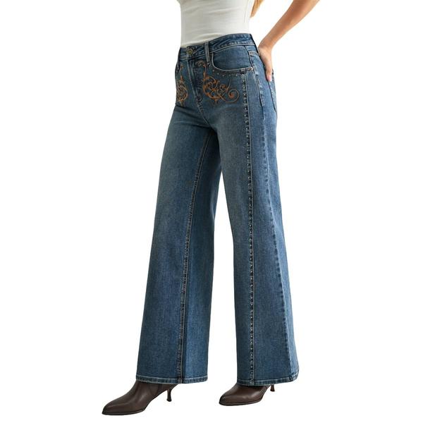 Womens CITY BLUES Embroidered Wide Leg Jeans