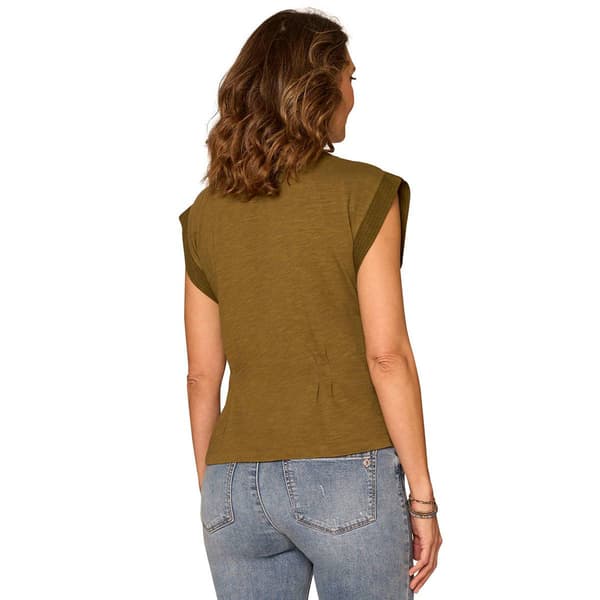 Womens Democracy Cap Sleeve Pleated Golden Olive Peplum Blouse