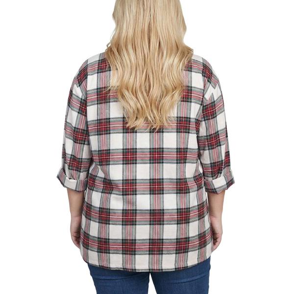 Plus Size NY Collection 3/4 Roll Sleeve Plaid Flannel Shirt