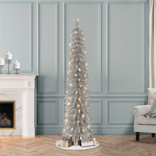 Puleo International 6ft. Pre-Lit Alpine Silver Pencil Tree