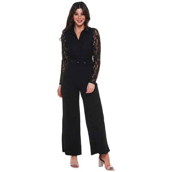 Juniors Almost Famous™ Long Sleeve Lace Liverpool Belted Jumpsuit