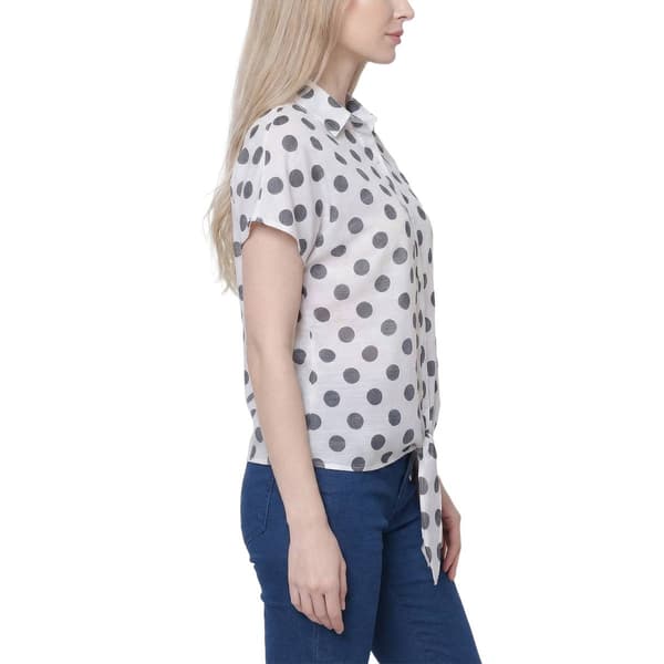 Petite NY Collection Short Sleeve Tie Front Dot Blouse