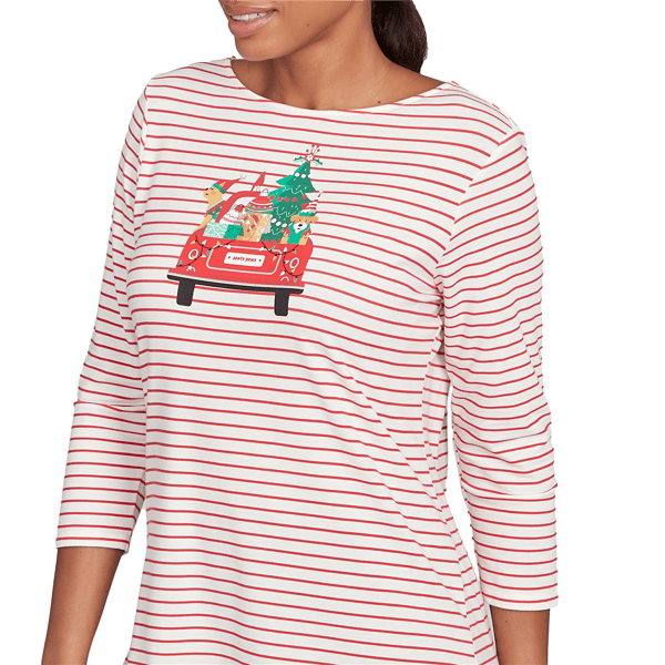 Womens Ruby Rd. Must Haves II Christmas Truck Stripe Tee