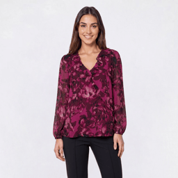 Womens Kasper Long Sleeve Ruffle Trim Floral Blouse