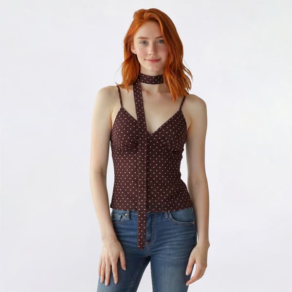 Juniors Madden Girl Polka Dot Mesh Camisole w/ Neck Scarf- Brown - image 