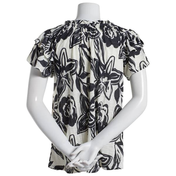 Plus Size Absolutely Famous Flutter Sleeve Floral Tie Neck Blouse