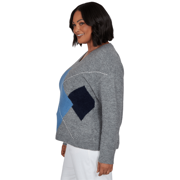Plus Size Hearts of Palm Autumn Breeze V Neck Argyle Sweater