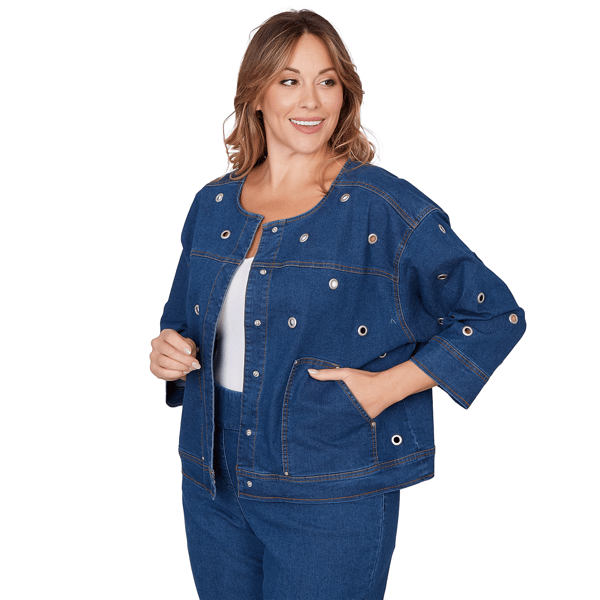 Plus Size Ruby Rd. Set Sail Grommet Detail Stretch Denim Jacket