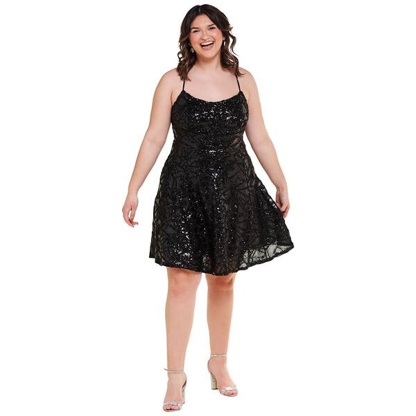 Juniors Plus Emerald Sundae Sequin Cross Back Skater Dress - image 