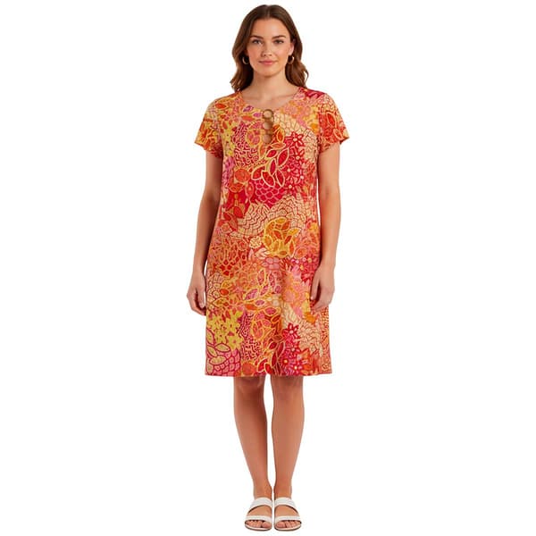 Plus Size MSK Short Sleeve Leaf Three Ring Shift Dress