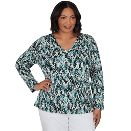 Plus Size Emaline Key Items Long Sleeve V-Neck Abstract Blouse