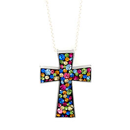 Silver Plated Brass & Confetti Crystal Cross Necklace