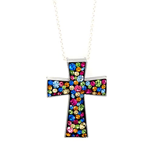 Silver Plated Brass & Confetti Crystal Cross Necklace - image 