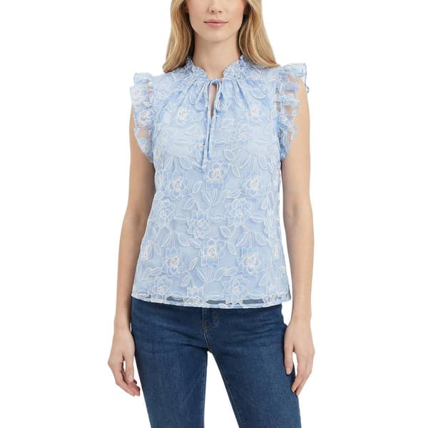 Womens NY Collection Flutter Cap Sleeve Tie Neck Floral Blouse