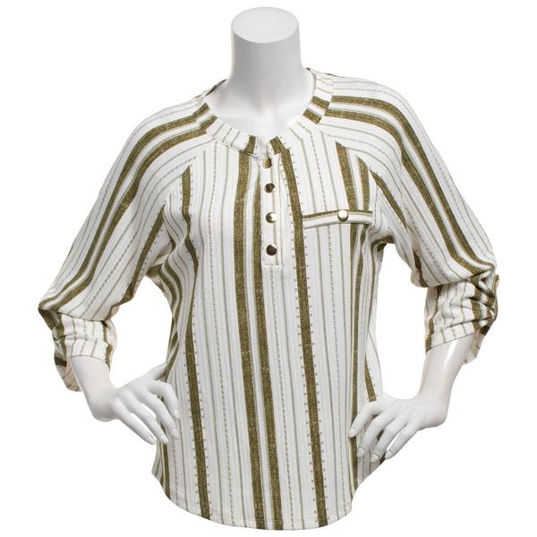 Womens Cure 3/4 Roll Tab Sleeve Stripe Split Neck Blouse