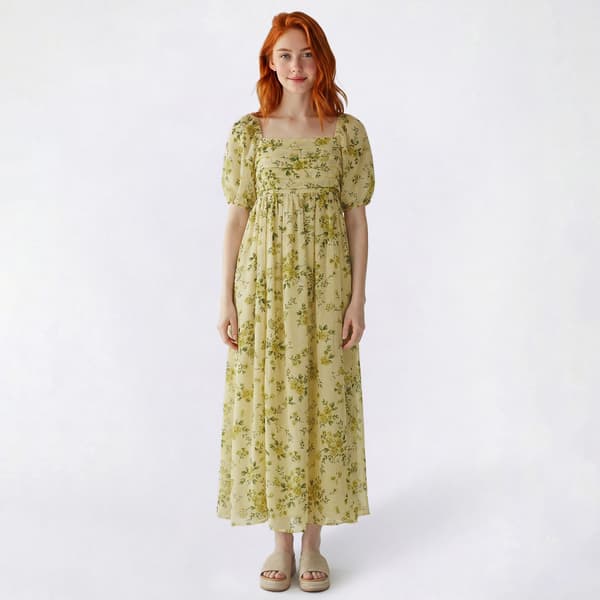 Juniors Wallflower Iris Floral Chiffon Bodice Puff Sleeve Maxi - image 