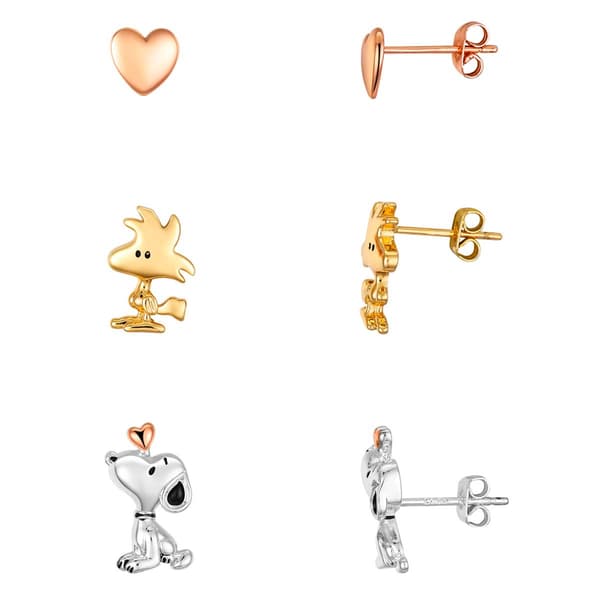 Tri-Tone Peanuts Snoopy & Woodstock Heart Stud Earring Set