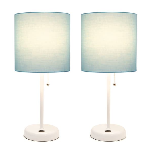 LimeLights White Stick Lamp w/USB Charge Port/Aqua Shade-Set of 2