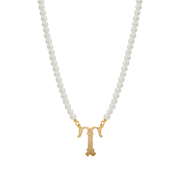 1928 16in. Gold-Tone T Initial Pearl Pendant - image 