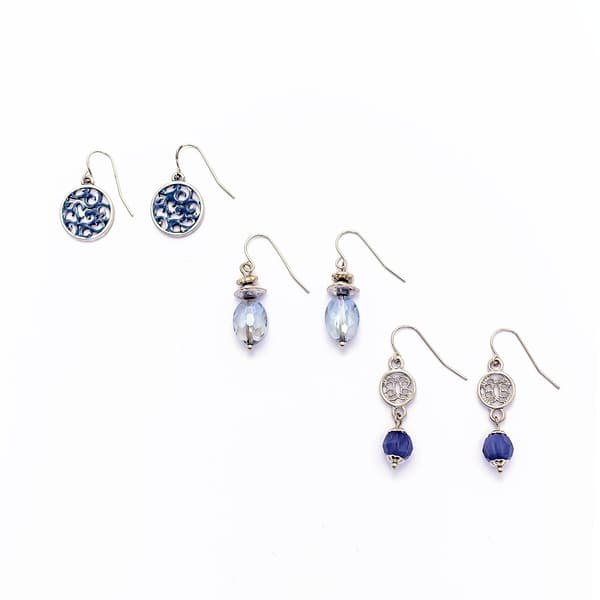 Ruby Rd. Set of 3 Silver-Tone & Blue Drop Earrings - image 