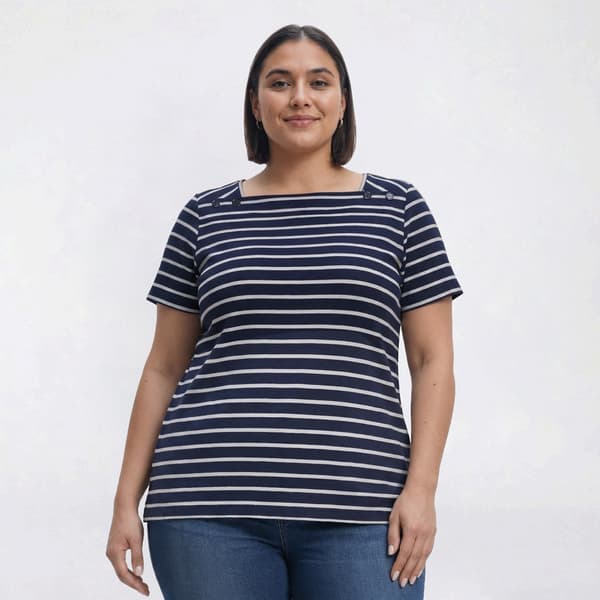 Plus Size Hasting & Smith Short Sleeve Stripe Button Shoulder Tee